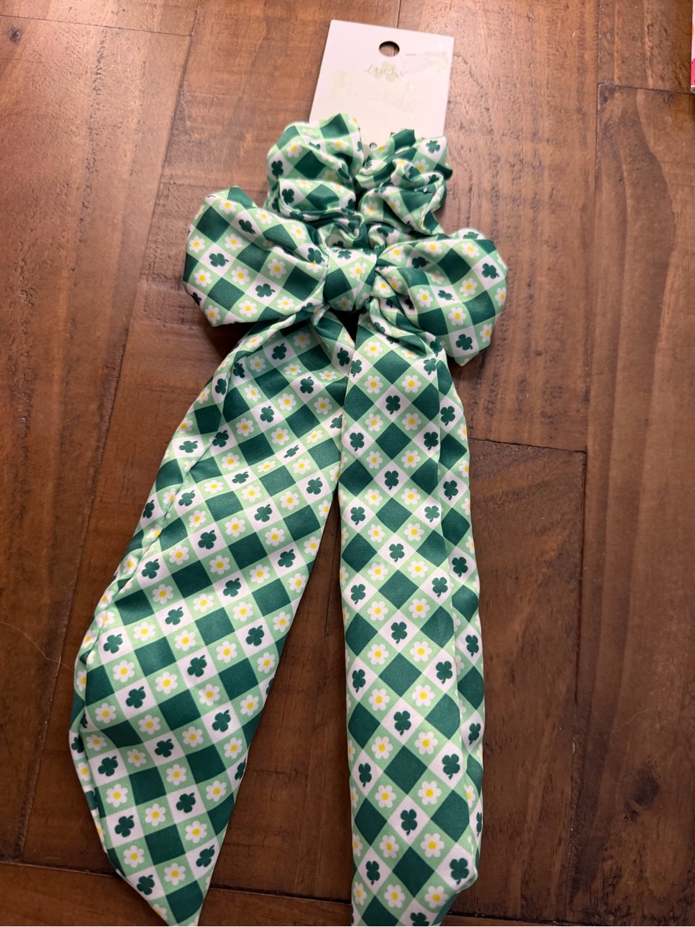 Lucky Green & White Gingham Shamrock Floral Scrunchie Hair Tie w/ Scarf
